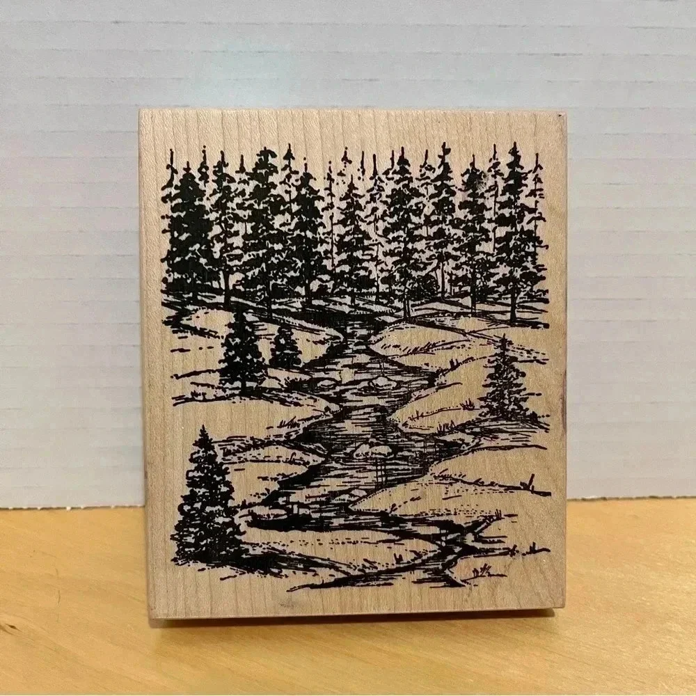 Northwoods EVERGREENS Trees Landscape River Woods Rubber Stamp